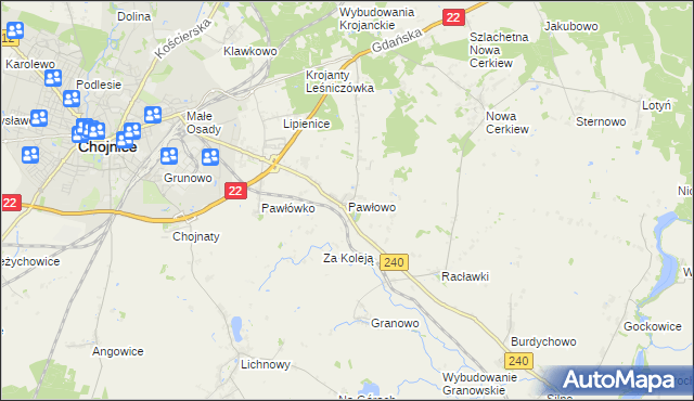 mapa Pawłowo gmina Chojnice, Pawłowo gmina Chojnice na mapie Targeo