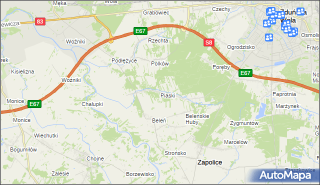 mapa Piaski gmina Zduńska Wola, Piaski gmina Zduńska Wola na mapie Targeo