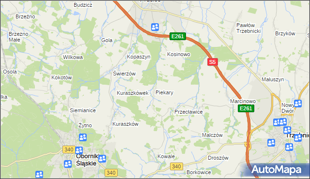 mapa Piekary gmina Oborniki Śląskie, Piekary gmina Oborniki Śląskie na mapie Targeo