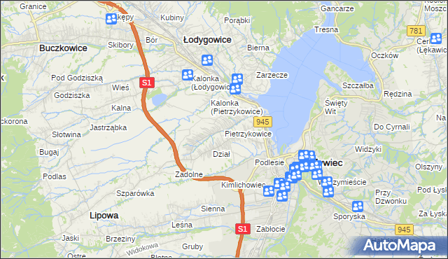 mapa Pietrzykowice gmina Łodygowice, Pietrzykowice gmina Łodygowice na mapie Targeo