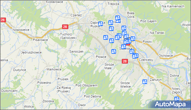 mapa Płowce gmina Sanok, Płowce gmina Sanok na mapie Targeo