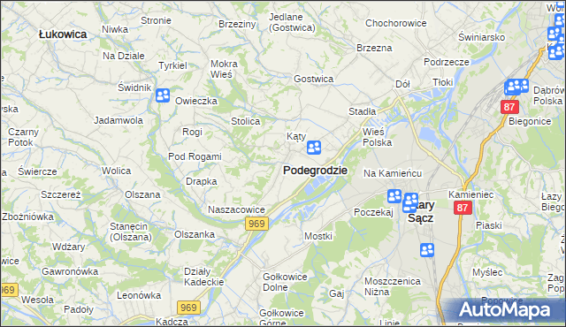mapa Podegrodzie powiat nowosądecki, Podegrodzie powiat nowosądecki na mapie Targeo