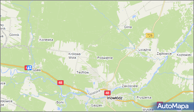 mapa Poświętne gmina Inowłódz, Poświętne gmina Inowłódz na mapie Targeo