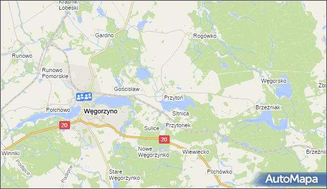 mapa Przytoń gmina Węgorzyno, Przytoń gmina Węgorzyno na mapie Targeo