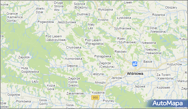 mapa Pstrągówka gmina Wiśniowa, Pstrągówka gmina Wiśniowa na mapie Targeo