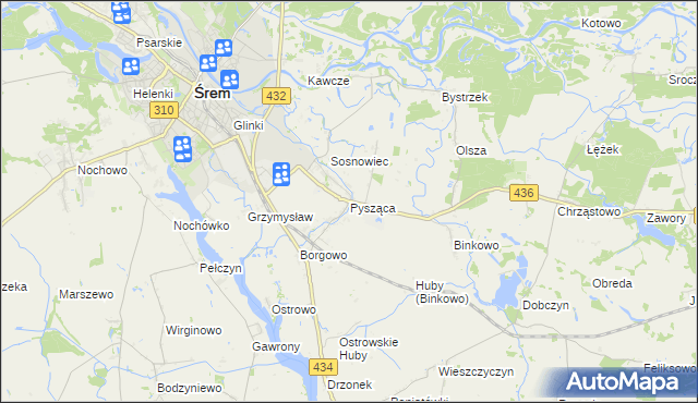 mapa Pysząca gmina Śrem, Pysząca gmina Śrem na mapie Targeo