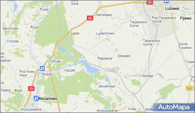 mapa Rakowice gmina Lubawa, Rakowice gmina Lubawa na mapie Targeo