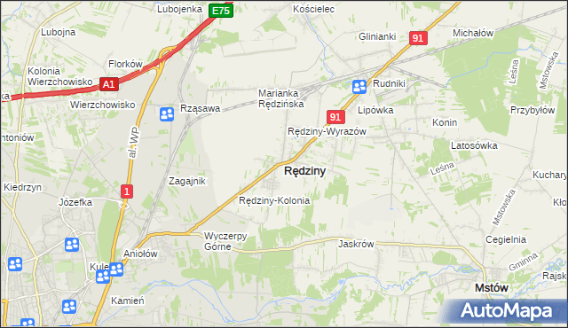 mapa Rędziny powiat częstochowski, Rędziny powiat częstochowski na mapie Targeo