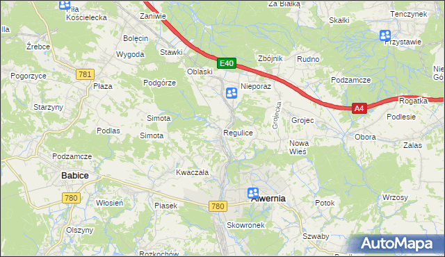 mapa Regulice gmina Alwernia, Regulice gmina Alwernia na mapie Targeo
