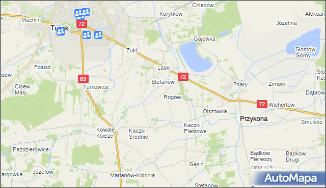 mapa Rogów gmina Przykona, Rogów gmina Przykona na mapie Targeo