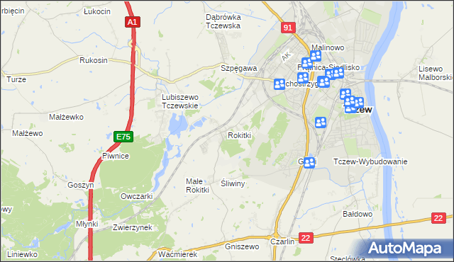 mapa Rokitki gmina Tczew, Rokitki gmina Tczew na mapie Targeo