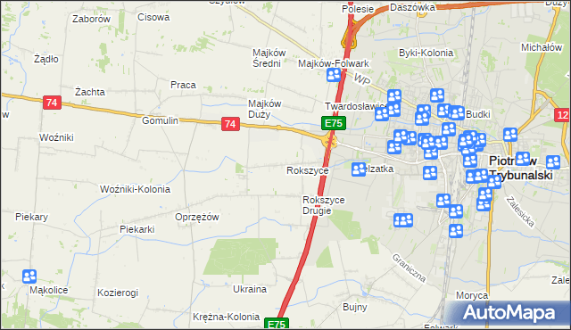 mapa Rokszyce gmina Wola Krzysztoporska, Rokszyce gmina Wola Krzysztoporska na mapie Targeo