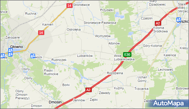 mapa Różany gmina Głowno, Różany gmina Głowno na mapie Targeo