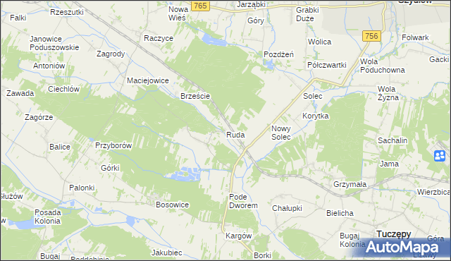 mapa Ruda gmina Gnojno, Ruda gmina Gnojno na mapie Targeo