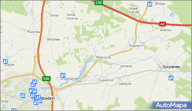mapa Rzeczyca gmina Świebodzin, Rzeczyca gmina Świebodzin na mapie Targeo