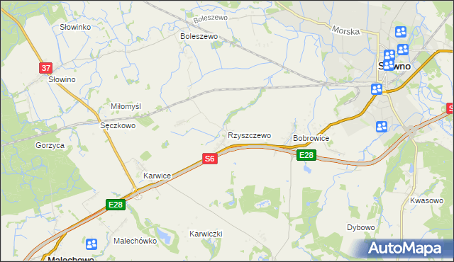 mapa Rzyszczewo gmina Sławno, Rzyszczewo gmina Sławno na mapie Targeo