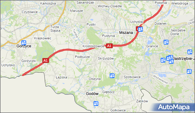 mapa Skrzyszów gmina Godów, Skrzyszów gmina Godów na mapie Targeo