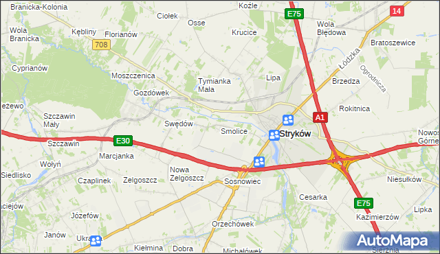 mapa Smolice gmina Stryków, Smolice gmina Stryków na mapie Targeo