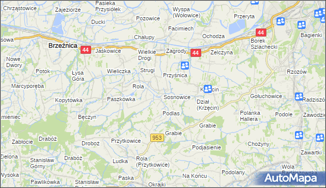 mapa Sosnowice gmina Brzeźnica, Sosnowice gmina Brzeźnica na mapie Targeo