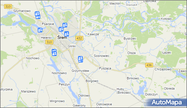 mapa Sosnowiec gmina Śrem, Sosnowiec gmina Śrem na mapie Targeo