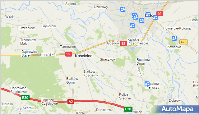 mapa Straszków gmina Kościelec, Straszków gmina Kościelec na mapie Targeo