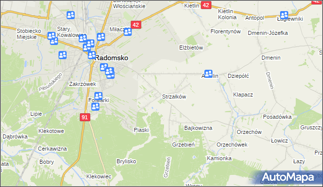mapa Strzałków gmina Radomsko, Strzałków gmina Radomsko na mapie Targeo