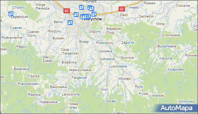 mapa Sułkowice gmina Andrychów, Sułkowice gmina Andrychów na mapie Targeo