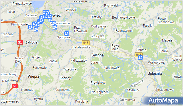 mapa Świnna powiat żywiecki, Świnna powiat żywiecki na mapie Targeo