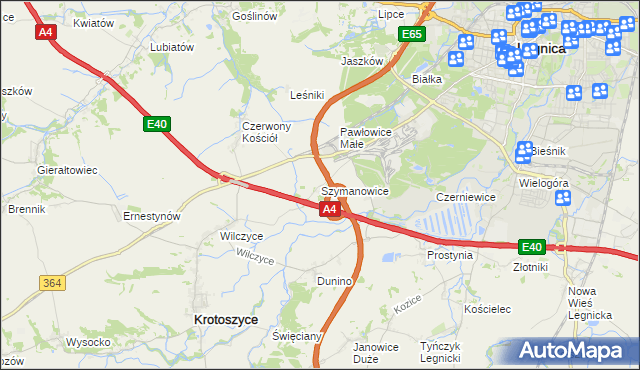 mapa Szymanowice gmina Krotoszyce, Szymanowice gmina Krotoszyce na mapie Targeo