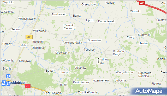 mapa Tobolice gmina Dalików, Tobolice gmina Dalików na mapie Targeo