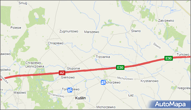 mapa Trzcianka gmina Kuślin, Trzcianka gmina Kuślin na mapie Targeo