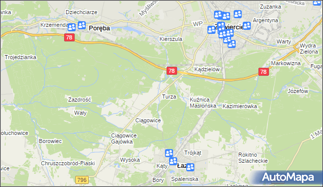 mapa Turza gmina Łazy, Turza gmina Łazy na mapie Targeo