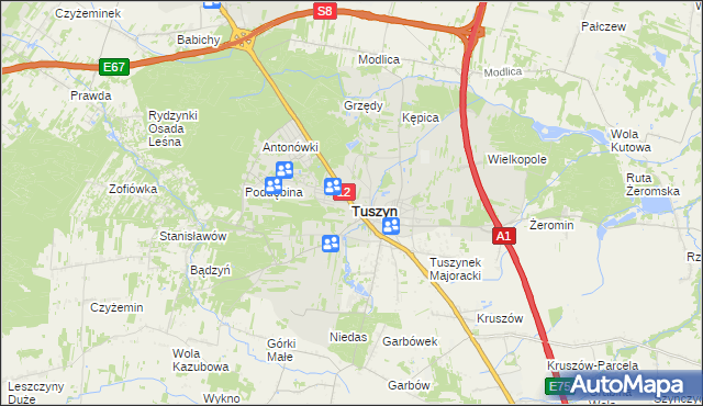 mapa Tuszyn powiat łódzki wschodni, Tuszyn powiat łódzki wschodni na mapie Targeo