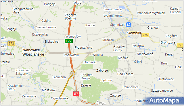 mapa Wesoła gmina Słomniki, Wesoła gmina Słomniki na mapie Targeo