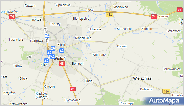 mapa Widoradz, Widoradz na mapie Targeo