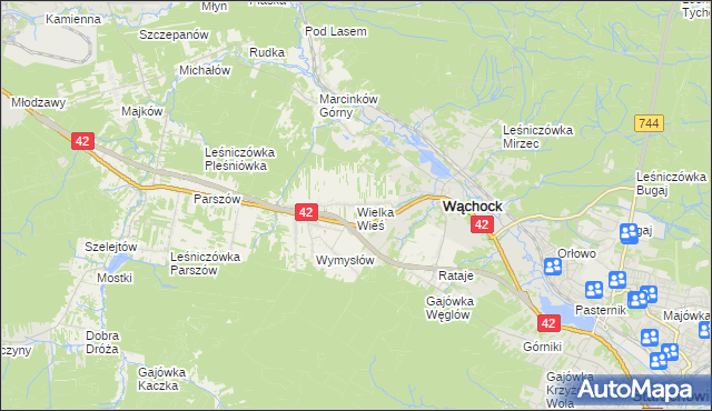 mapa Wielka Wieś gmina Wąchock, Wielka Wieś gmina Wąchock na mapie Targeo
