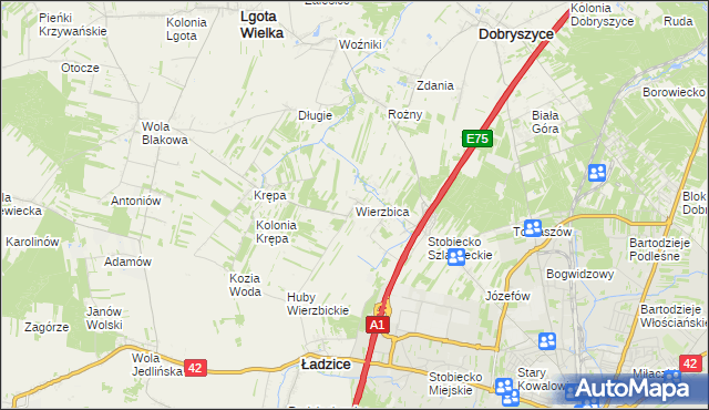 mapa Wierzbica gmina Ładzice, Wierzbica gmina Ładzice na mapie Targeo
