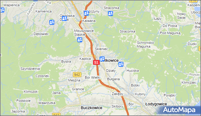 mapa Wilkowice powiat bielski, Wilkowice powiat bielski na mapie Targeo