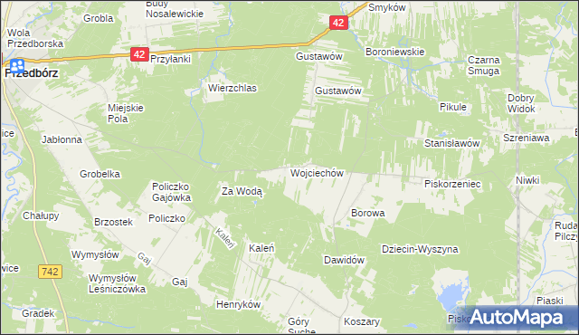 mapa Wojciechów gmina Przedbórz, Wojciechów gmina Przedbórz na mapie Targeo