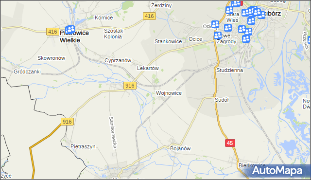 mapa Wojnowice gmina Krzanowice, Wojnowice gmina Krzanowice na mapie Targeo