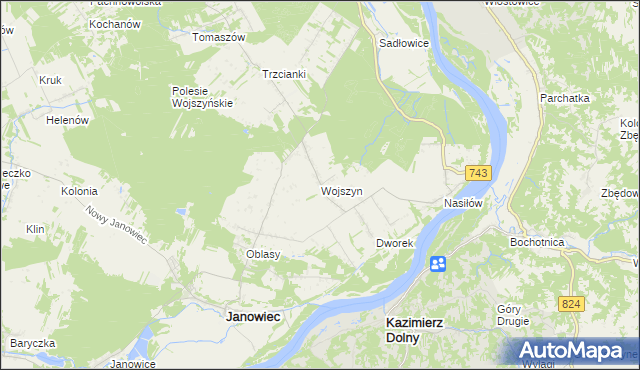 mapa Wojszyn gmina Janowiec, Wojszyn gmina Janowiec na mapie Targeo