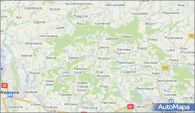 mapa Wysoka gmina Wadowice, Wysoka gmina Wadowice na mapie Targeo