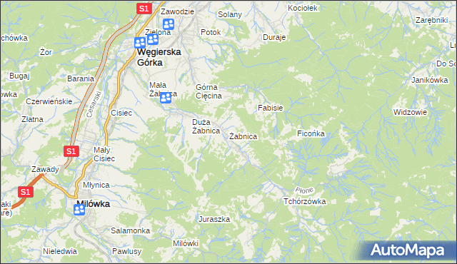 mapa Żabnica gmina Węgierska Górka, Żabnica gmina Węgierska Górka na mapie Targeo