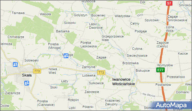 mapa Zagaje gmina Iwanowice, Zagaje gmina Iwanowice na mapie Targeo