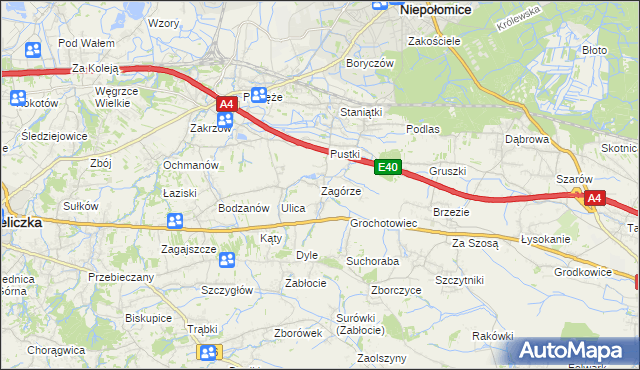 mapa Zagórze gmina Niepołomice, Zagórze gmina Niepołomice na mapie Targeo