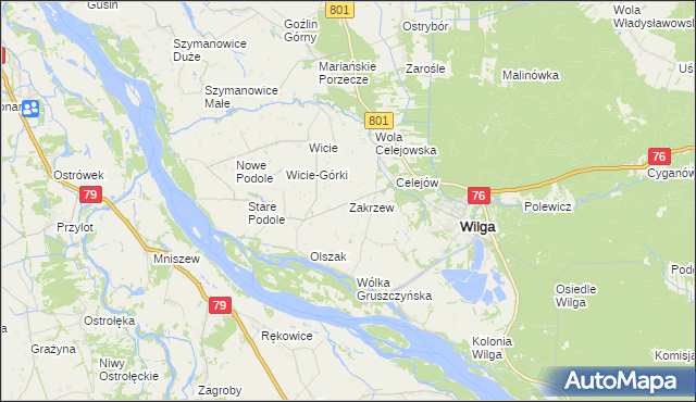 mapa Zakrzew gmina Wilga, Zakrzew gmina Wilga na mapie Targeo