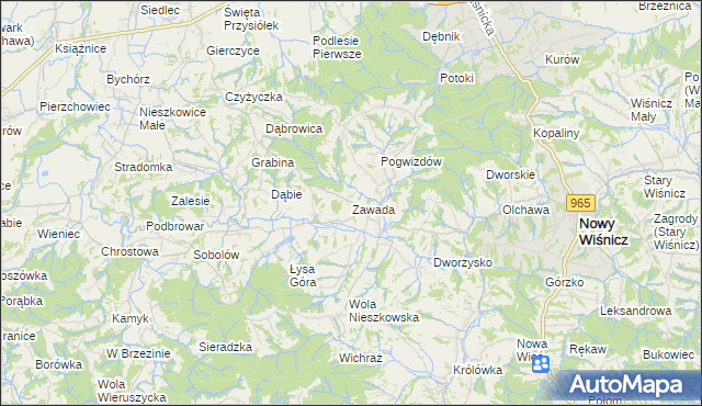 mapa Zawada gmina Bochnia, Zawada gmina Bochnia na mapie Targeo