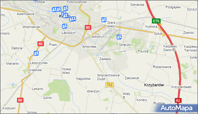 mapa Zawady gmina Krzyżanów, Zawady gmina Krzyżanów na mapie Targeo