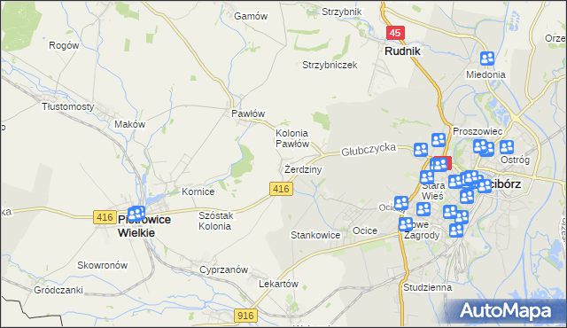 mapa Żerdziny gmina Pietrowice Wielkie, Żerdziny gmina Pietrowice Wielkie na mapie Targeo
