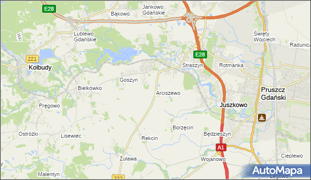 mapa Arciszewo gmina Pruszcz Gdański, Arciszewo gmina Pruszcz Gdański na mapie Targeo